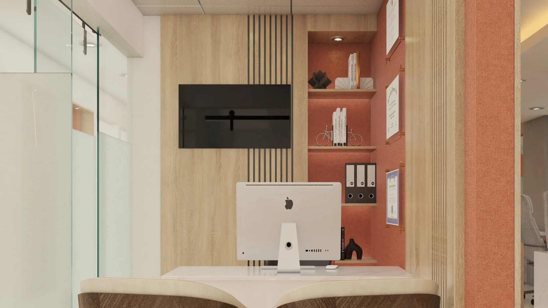 LUMI Dental — Office desk facing a wood-panel wall with a wall screen and a terracotta niche of shelves and certificates