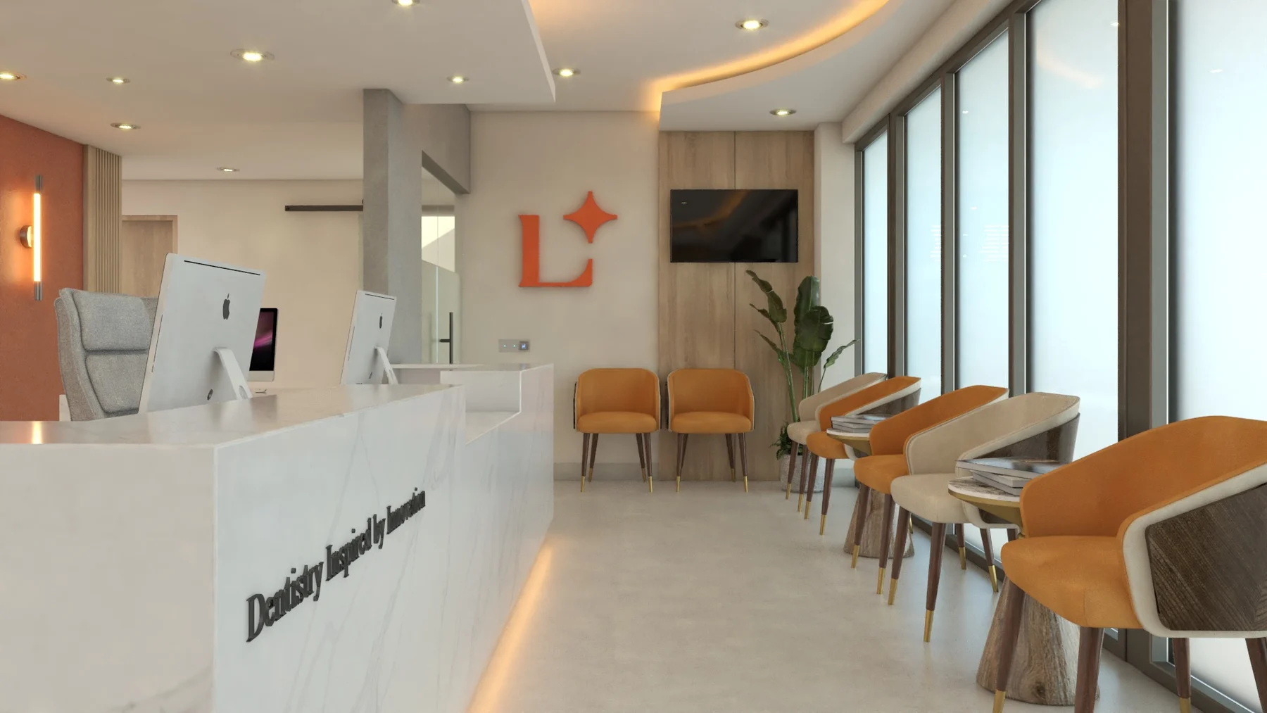 LUMI Dental — Waiting area with orange and cream armchairs and small side tables along the windows, the orange logo beyond