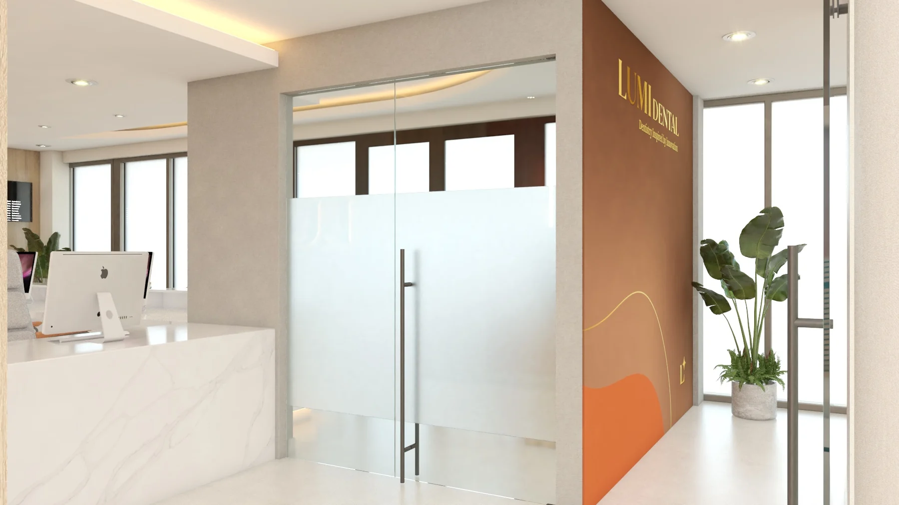 LUMI Dental — Frosted glass double doors between the white reception desk and the copper logo wall, seen at an angle