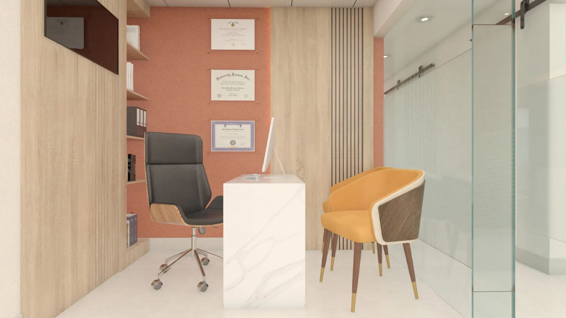 LUMI Dental — Office with a white marble-look desk, a dark leather desk chair, orange armchairs and framed certificates