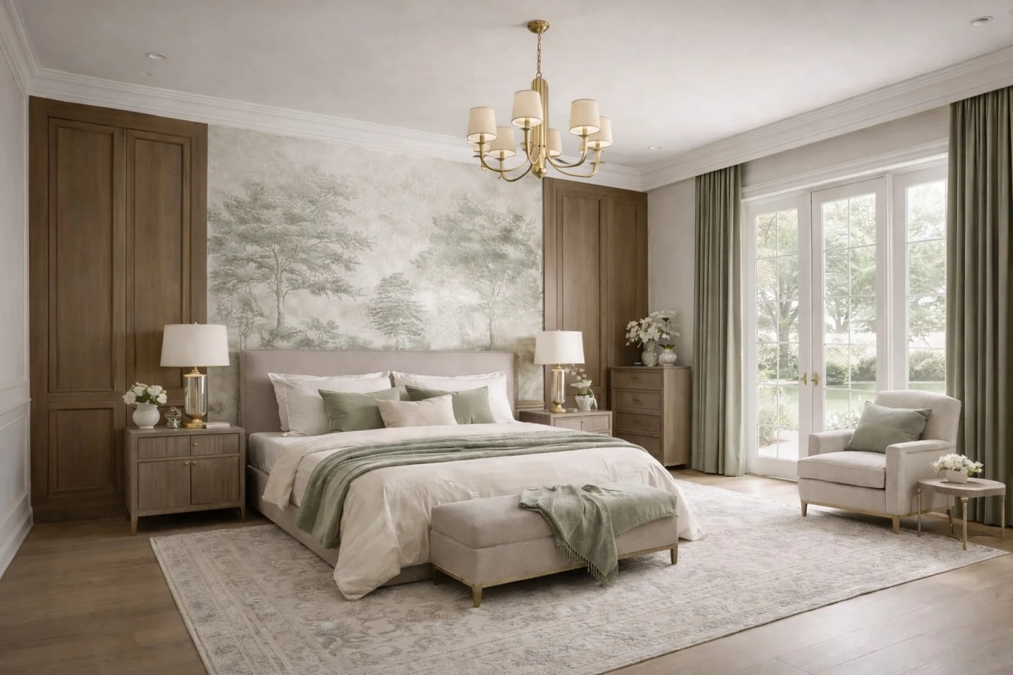 Maison Élan — Bedroom with a tree mural behind an upholstered bed, a brass chandelier and French doors to a garden