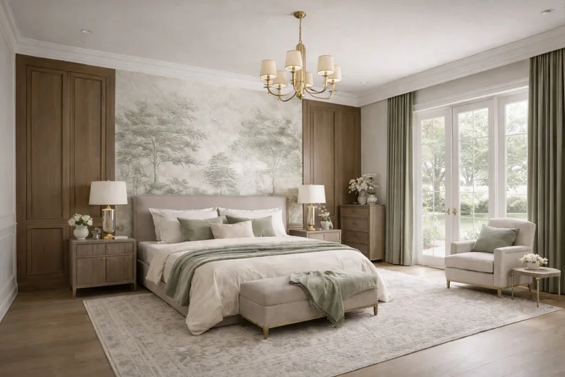 Maison Élan — Bedroom with a tree mural behind an upholstered bed, a brass chandelier and French doors to a garden