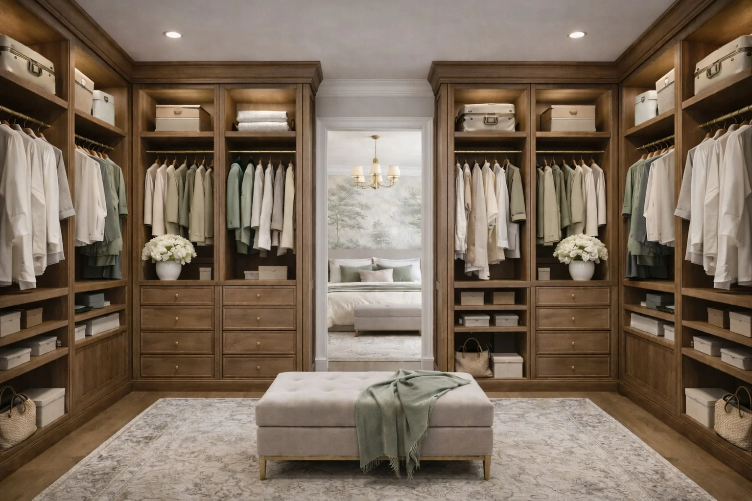 Maison Élan — Walk-in closet with wood cabinetry on both sides and a tufted bench, facing the doorway to the bedroom