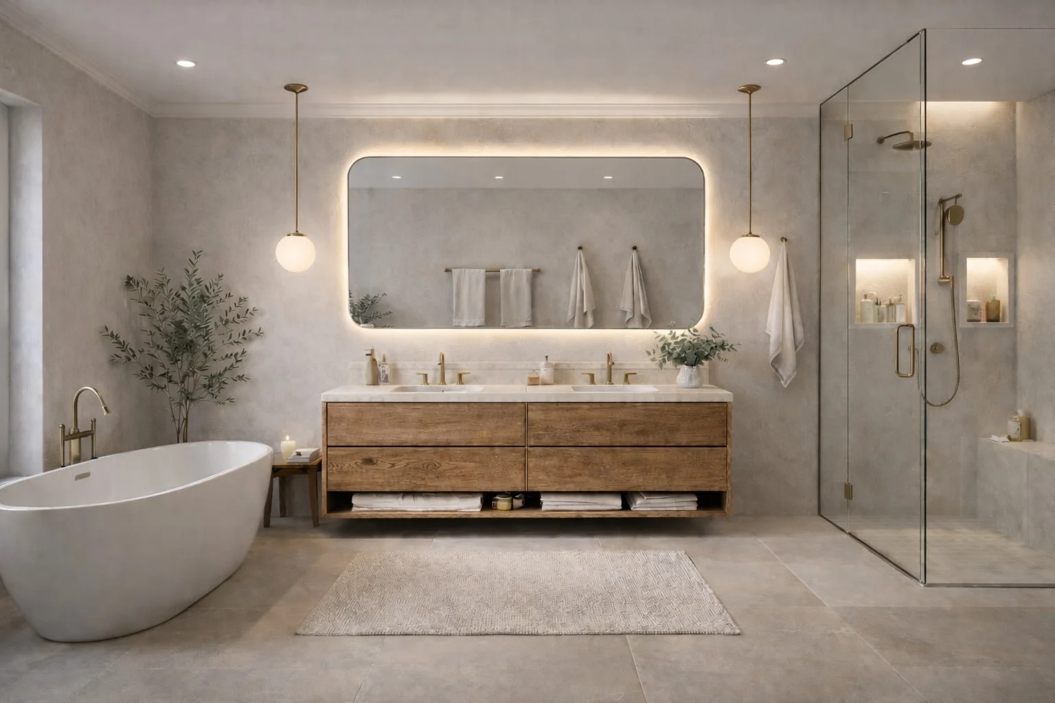 Maison Élan — Bathroom with a freestanding tub, a floating wood double vanity under a backlit mirror and a glass shower