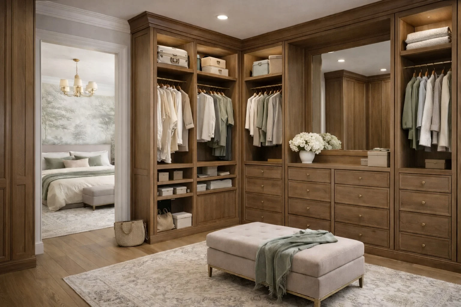 Maison Élan — Corner of the walk-in closet with a mirror above wood drawers and the bedroom seen through a side door