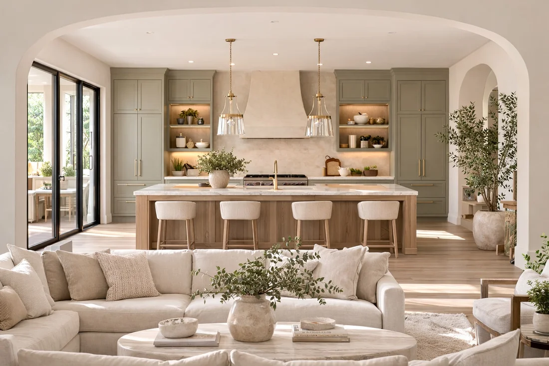 Maison Veranda — Living room and kitchen seen through a wide arch, with sage-green cabinets and sliding glass doors to a porch
