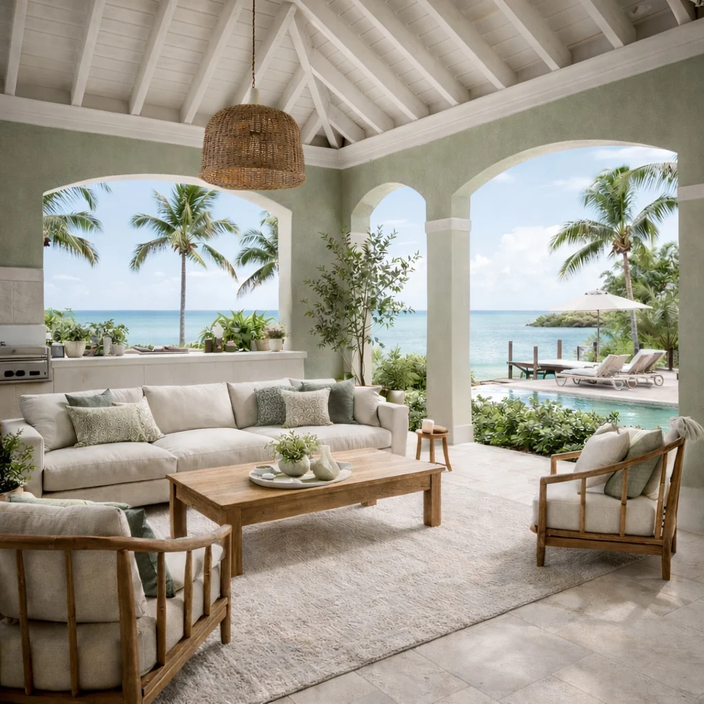 Maison Veranda — Covered veranda with arched openings to the sea and pool, a cream sofa, wood coffee table and a woven pendant
