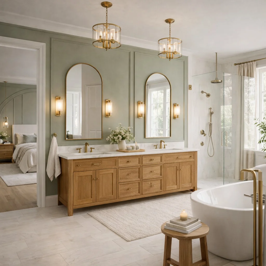 Maison Veranda — Bathroom with a double wood vanity, arched brass-framed mirrors on a sage-green wall and a freestanding tub