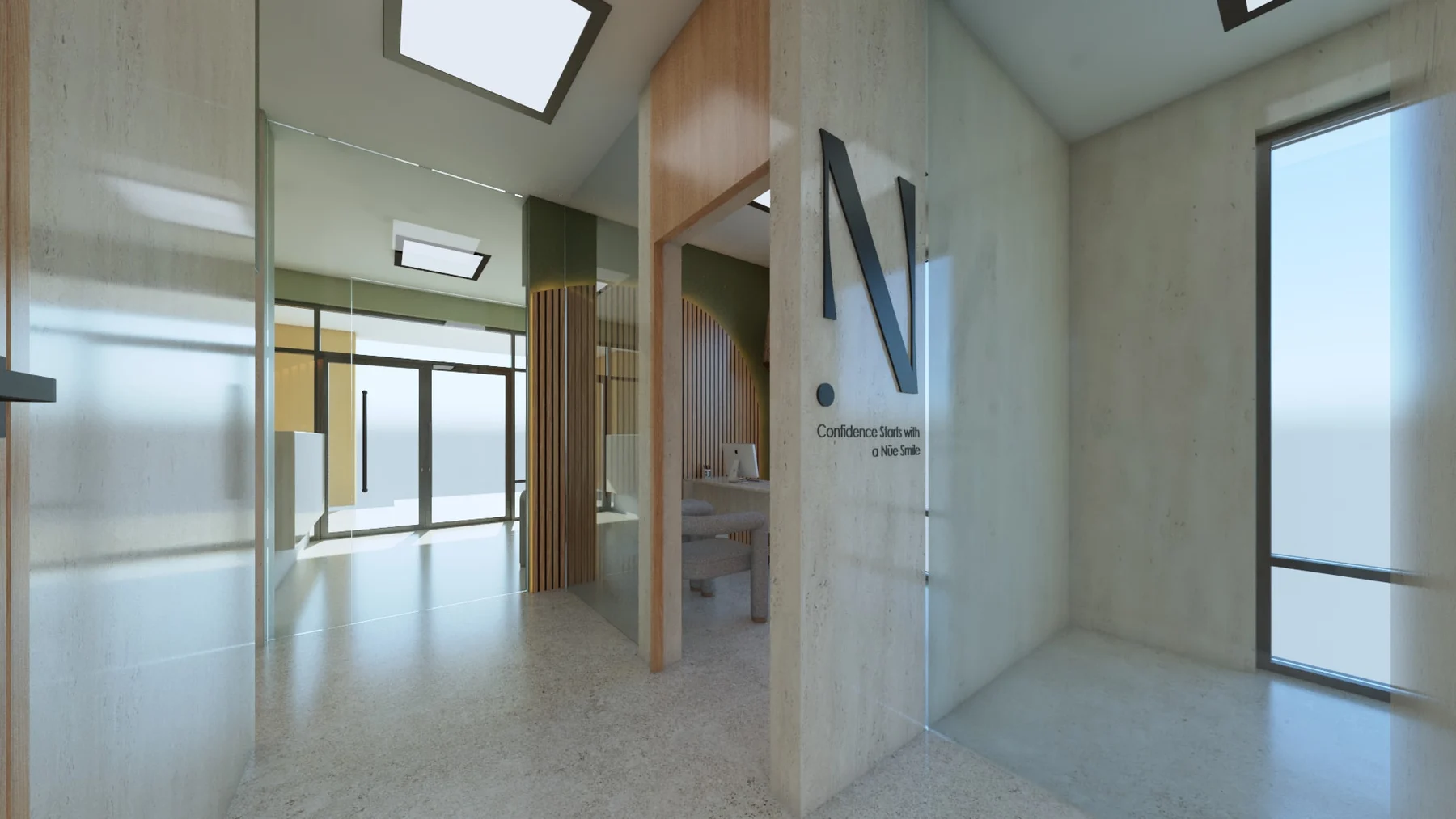 Nüe Dental Clinic — Hallway with a large black “N” and the words “Confidence Starts with a Nüe Smile” on a stone-look wall