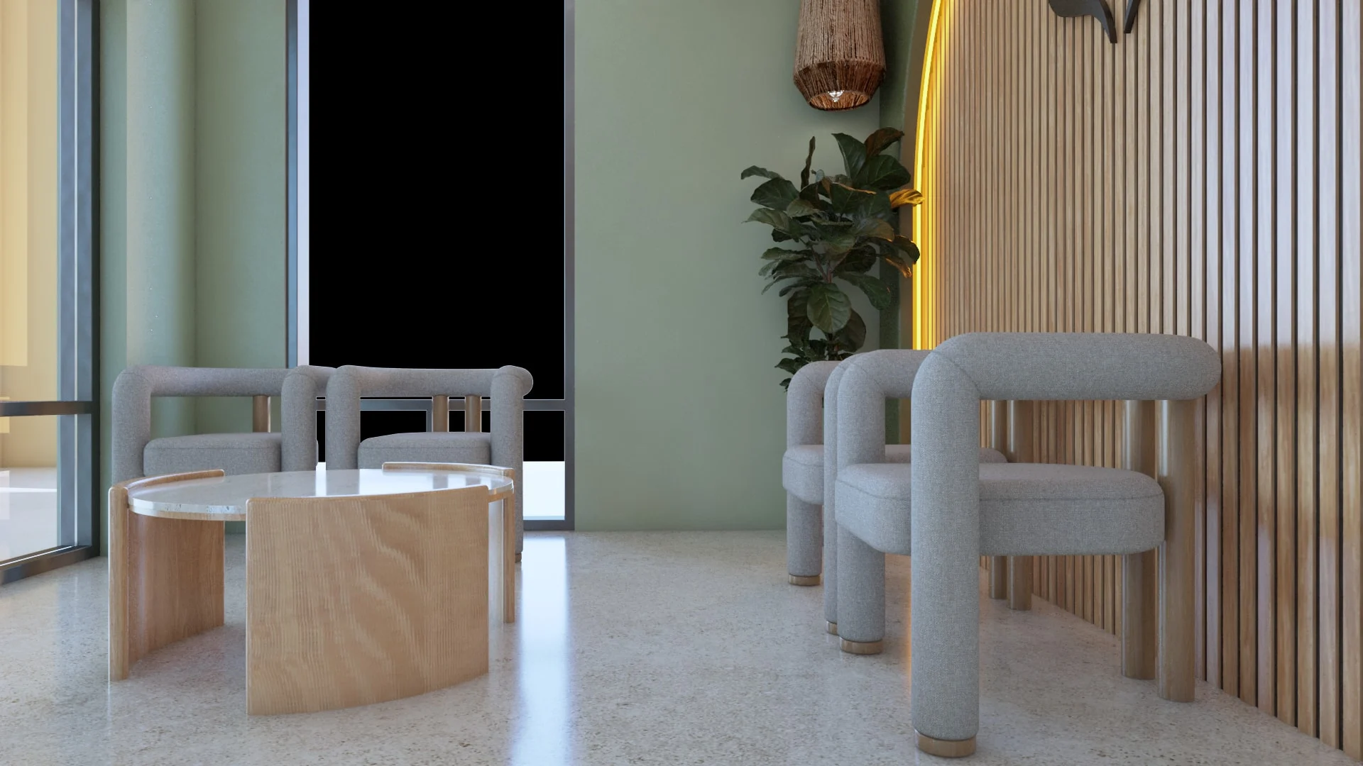 Nüe Dental Clinic — Close, low view of gray armchairs and a round wood table beside the backlit wood-slat wall