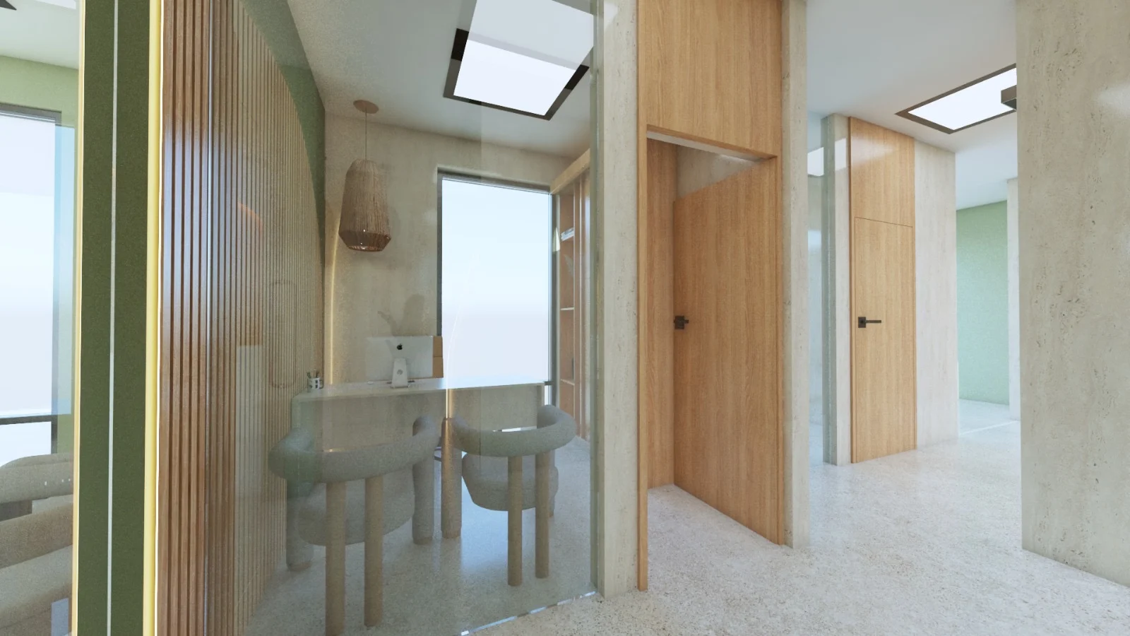 Nüe Dental Clinic — Glass-walled office with a desk and two gray armchairs under a woven pendant, beside wood doors