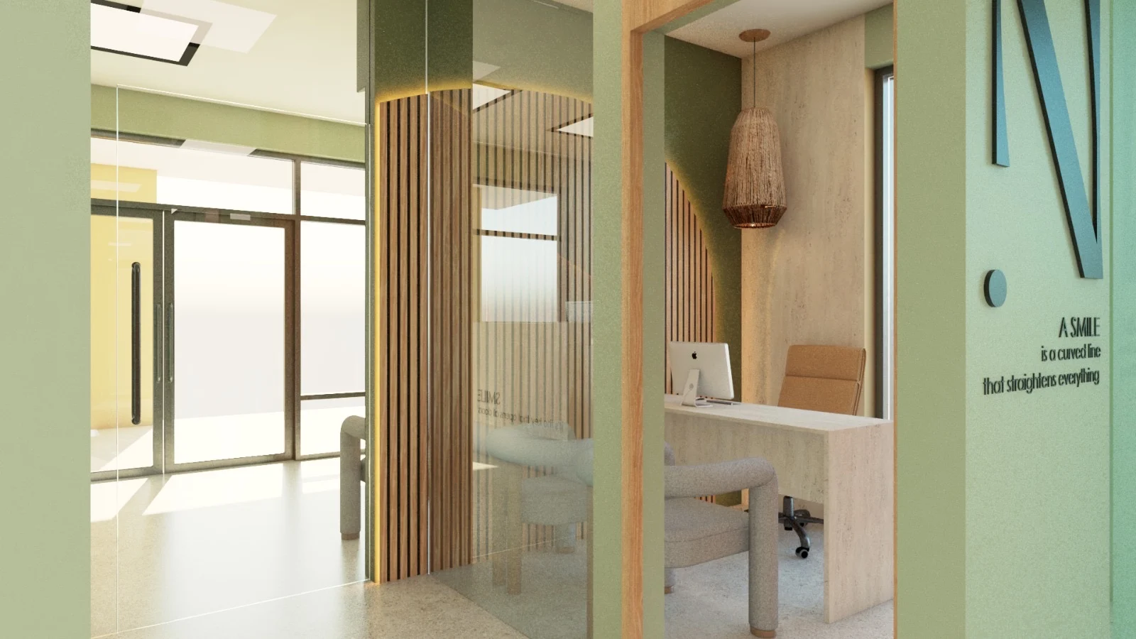 Nüe Dental Clinic — Doorway to an office with a stone-look desk and a woven pendant, beside a green wall with lettering