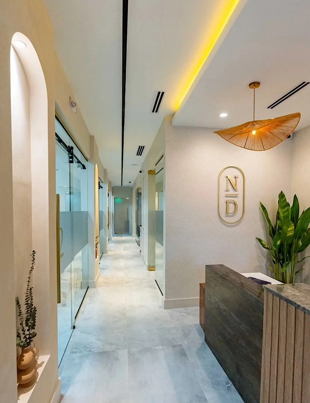 Nutridentist — Pasillo junto al mostrador de recepción, con nichos en arco, puertas de vidrio y el monograma N/D dorado en la pared