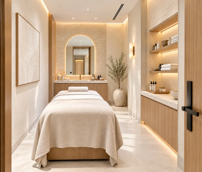 Olea Spa — Treatment room with a linen-draped bed facing a backlit arched mirror, between a textured artwork and lit timber shelving