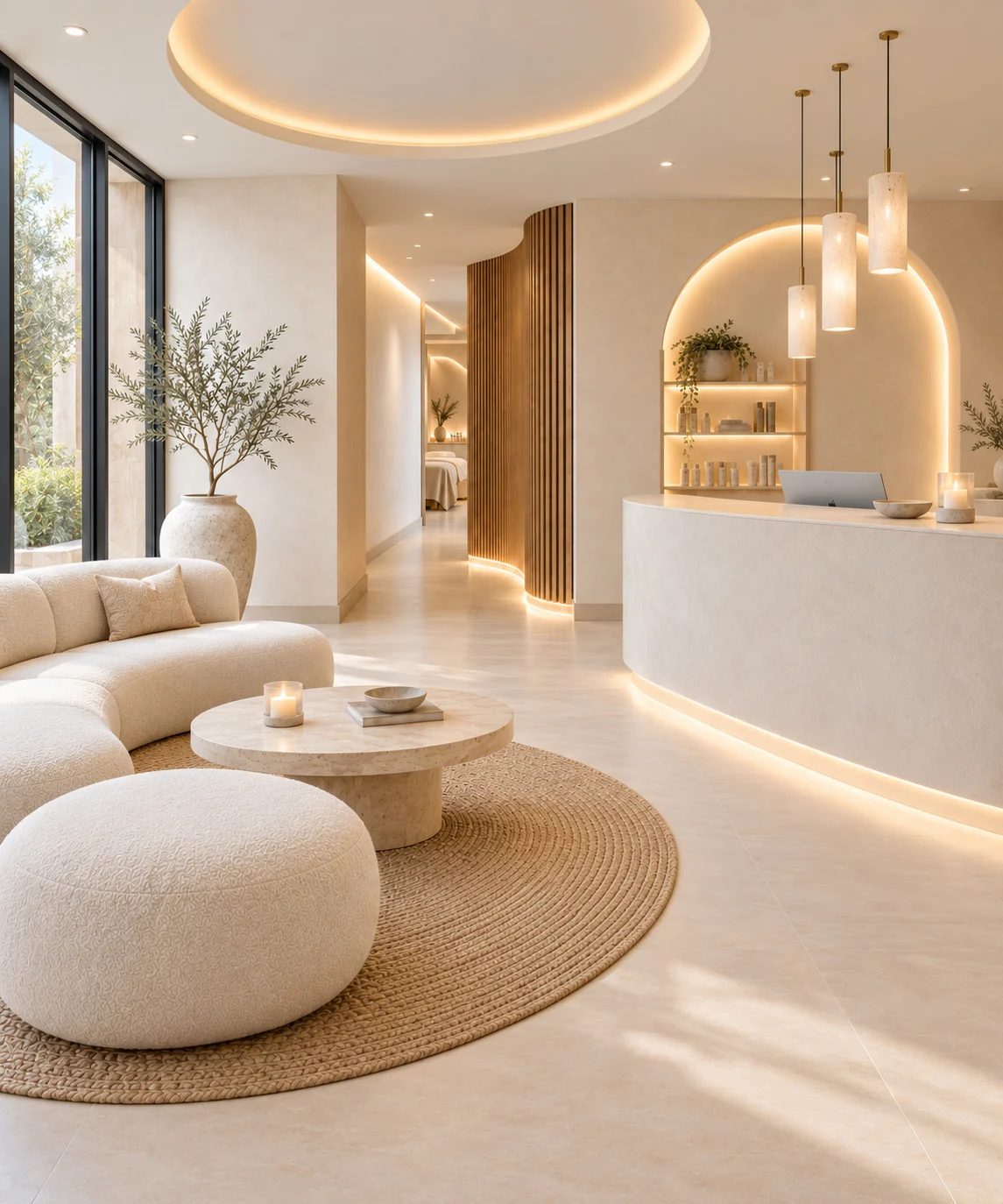 Olea Spa — Reception with a curved pale desk under three cylinder pendants, a rounded bouclé sofa and a round jute rug