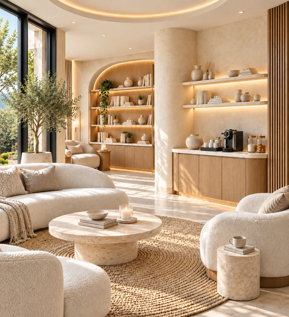 Olea Spa — Lounge with curved bouclé seating around a round stone table, lit arched bookshelves and a coffee counter