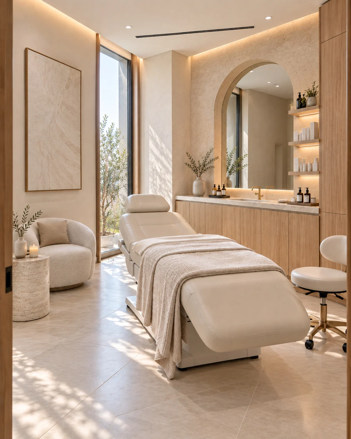 Olea Spa — Treatment room with a cream reclining bed, a bouclé armchair by a tall window and an arched mirror over the vanity