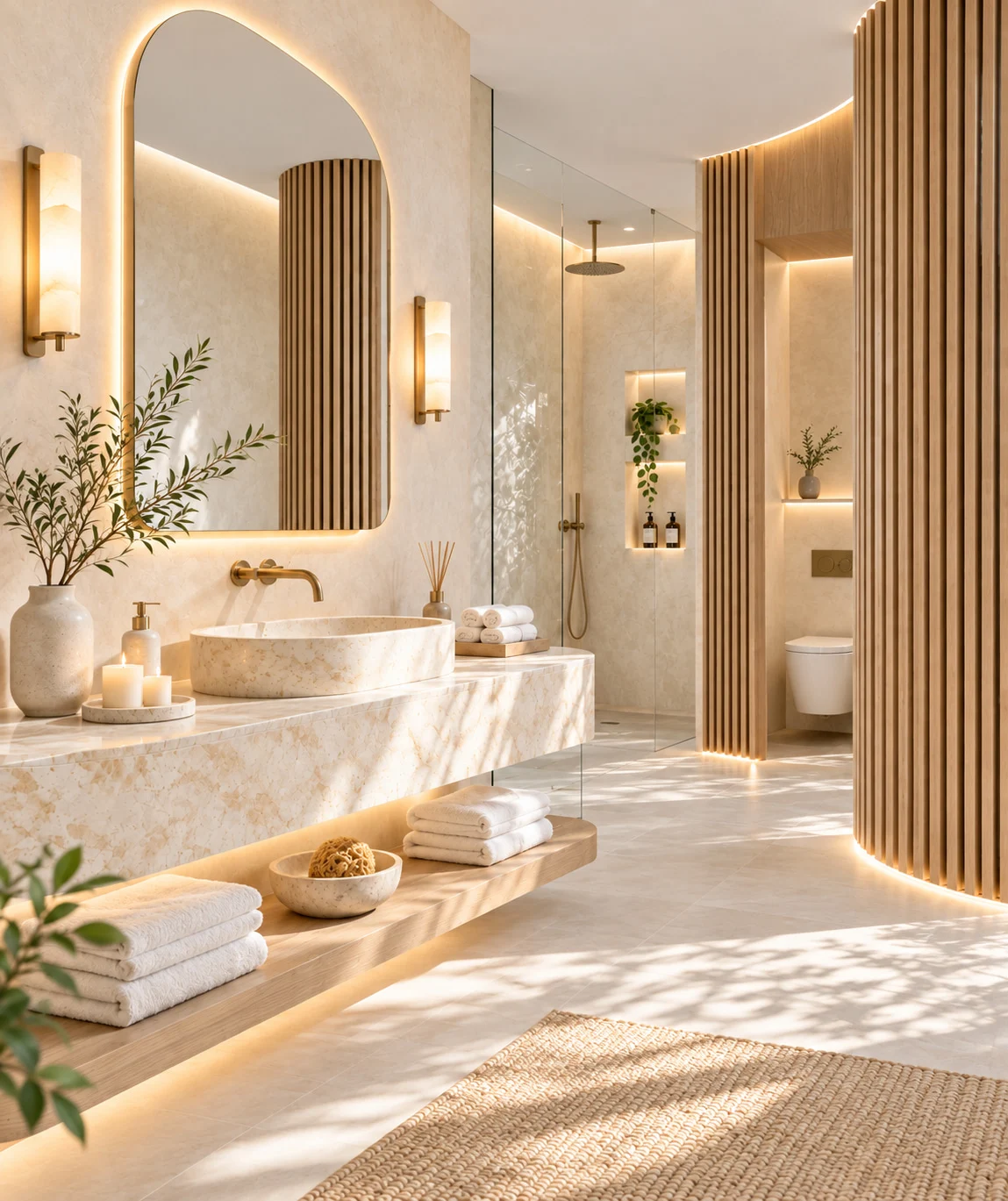 Olea Spa — Bathroom with a stone vessel basin on a floating stone vanity, a backlit rounded mirror and a walk-in glass shower