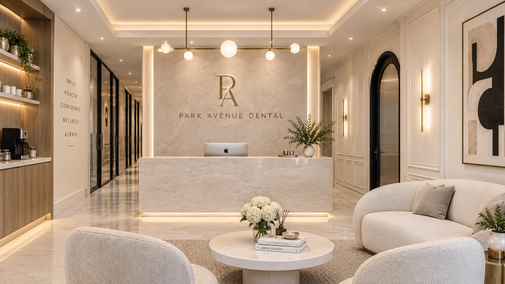 Park Avenue Dental — Reception with a stone-look desk before a backlit logo wall, globe pendants and cream curved armchairs