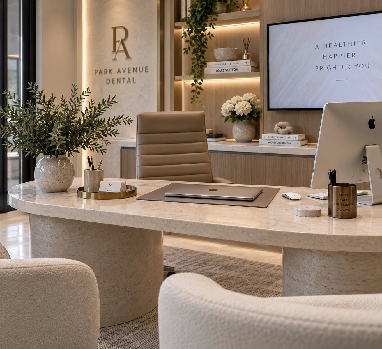 Park Avenue Dental — Office with a curved stone-look desk, a taupe upholstered chair and lit wood shelving behind it