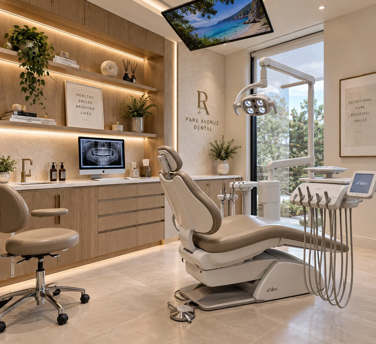 Park Avenue Dental — Treatment room by a tall window, with a taupe dental chair and a ceiling screen showing a beach