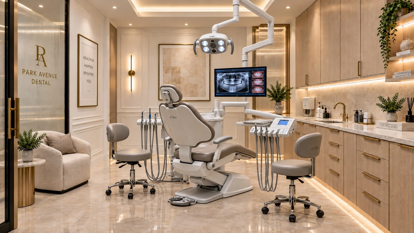 Park Avenue Dental — Treatment room with a taupe dental chair between two stools, an X-ray monitor and wood cabinets on the right