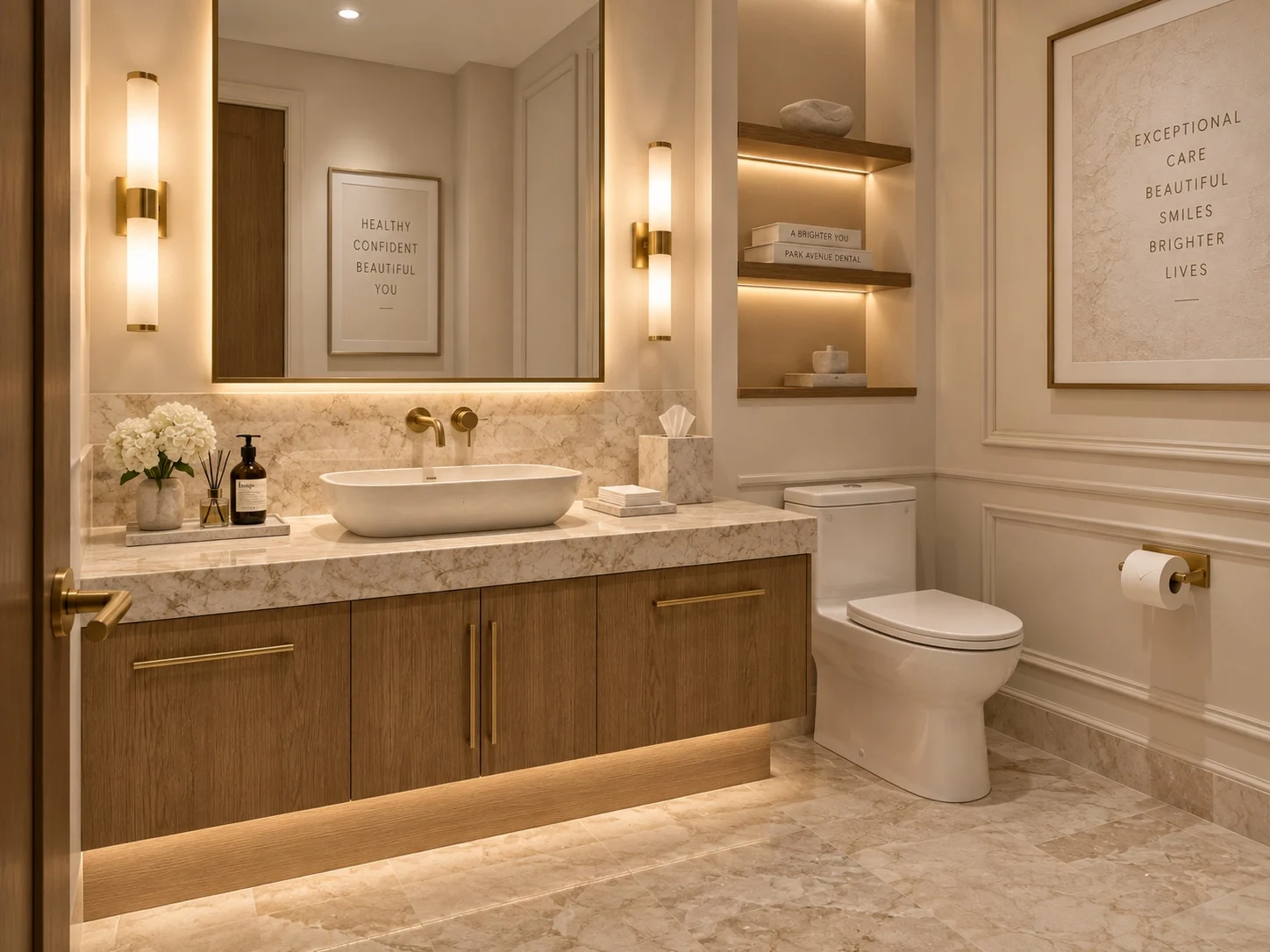Park Avenue Dental — Restroom with a vessel sink on a veined-stone counter, wood cabinets and brass-toned sconces by the mirror