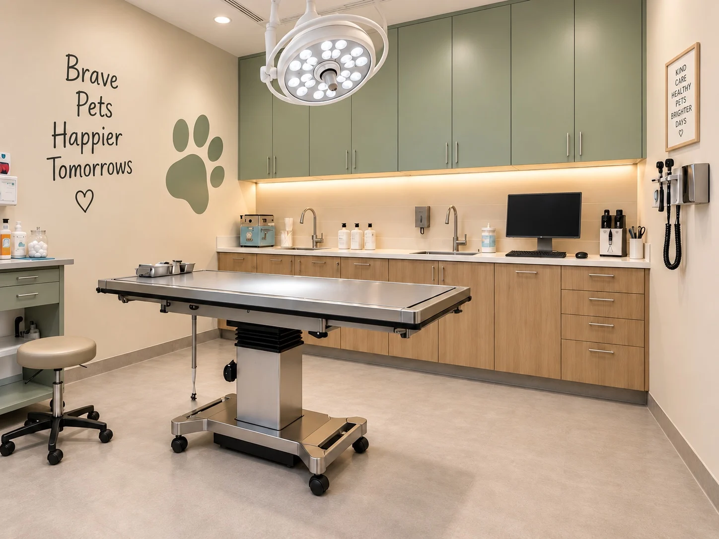 Paw & Co. Veterinary Clinic — Exam room with a large green paw print on the wall, a steel exam table and sage upper cabinets