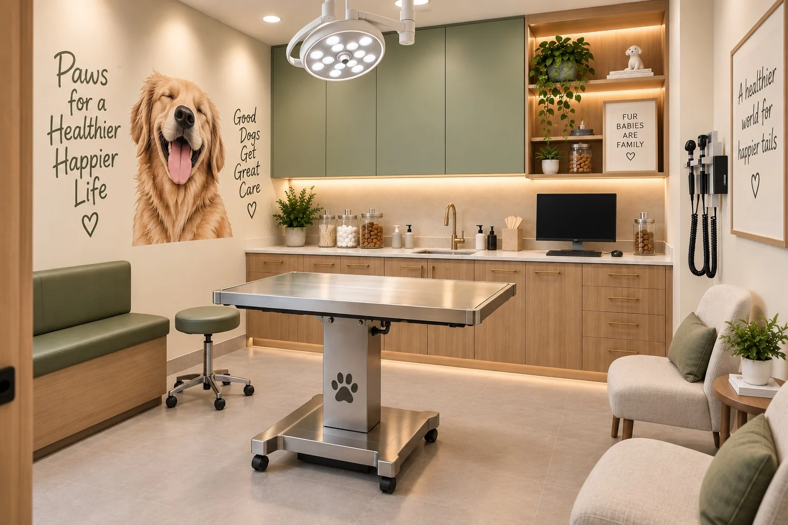 Paw & Co. Veterinary Clinic — Exam room with a painted dog portrait on the wall, a stainless steel table and two armchairs in a corner