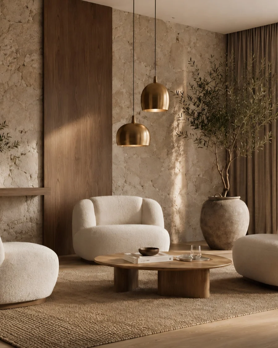 Living room with bouclé armchairs, a travertine coffee table and an olive tree
