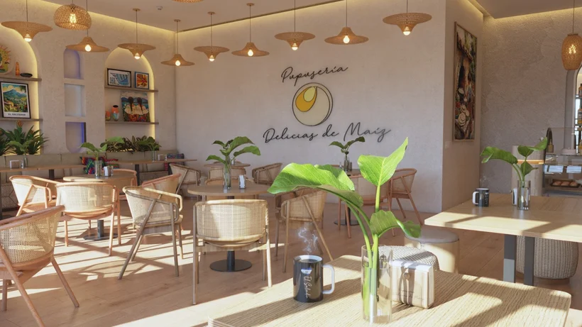 Restaurants — Dining room facing the script logo wall, with cane-back chairs, woven pendants and a steaming mug