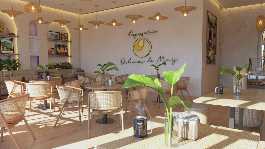 Pupusería Delicias de Maíz — Dining room facing the script logo wall, with cane-back chairs, woven pendants and a steaming mug