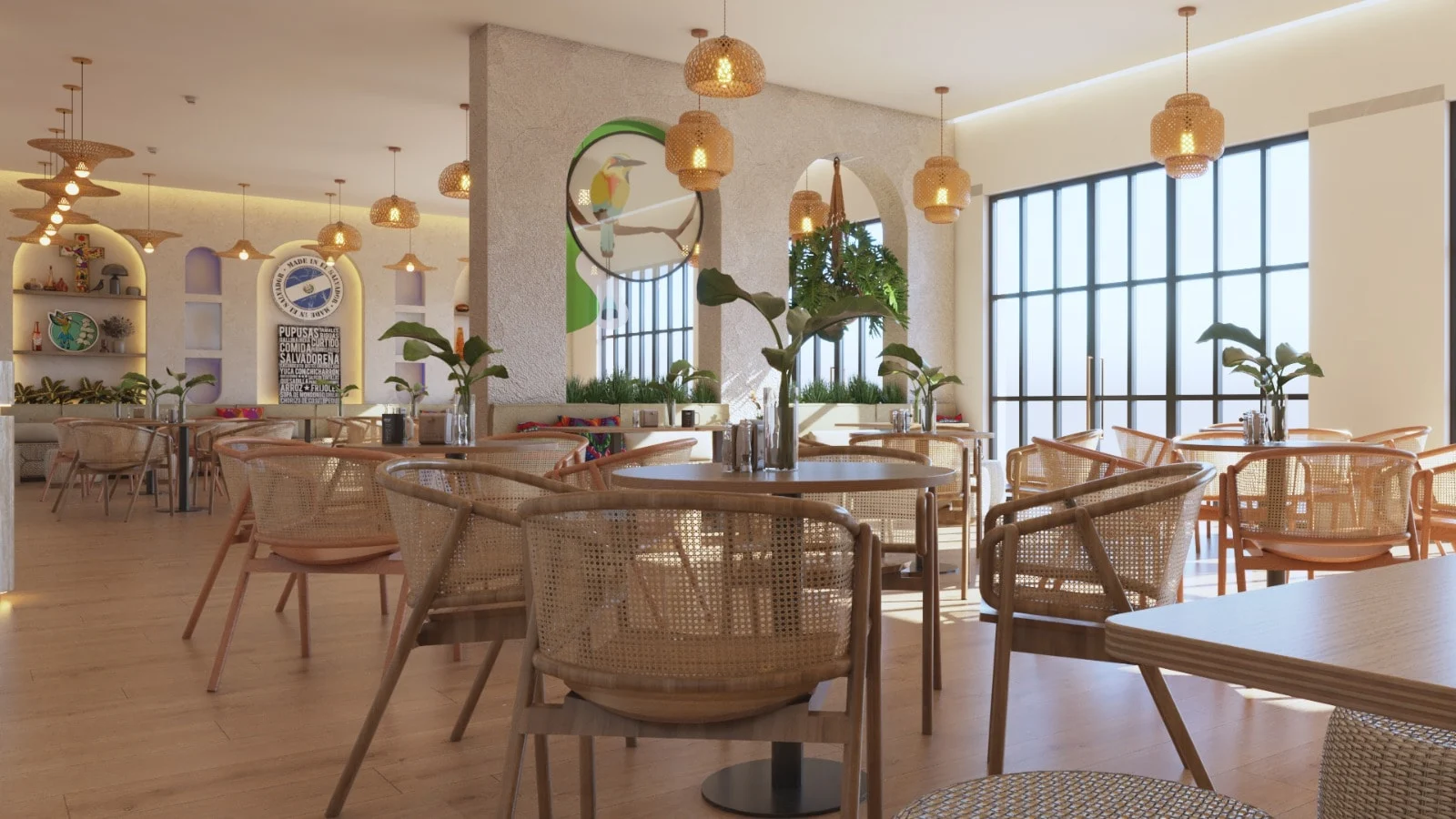 Pupusería Delicias de Maíz — Wide view of the dining room from its center, with rows of cane-back chairs and tall windows on the right