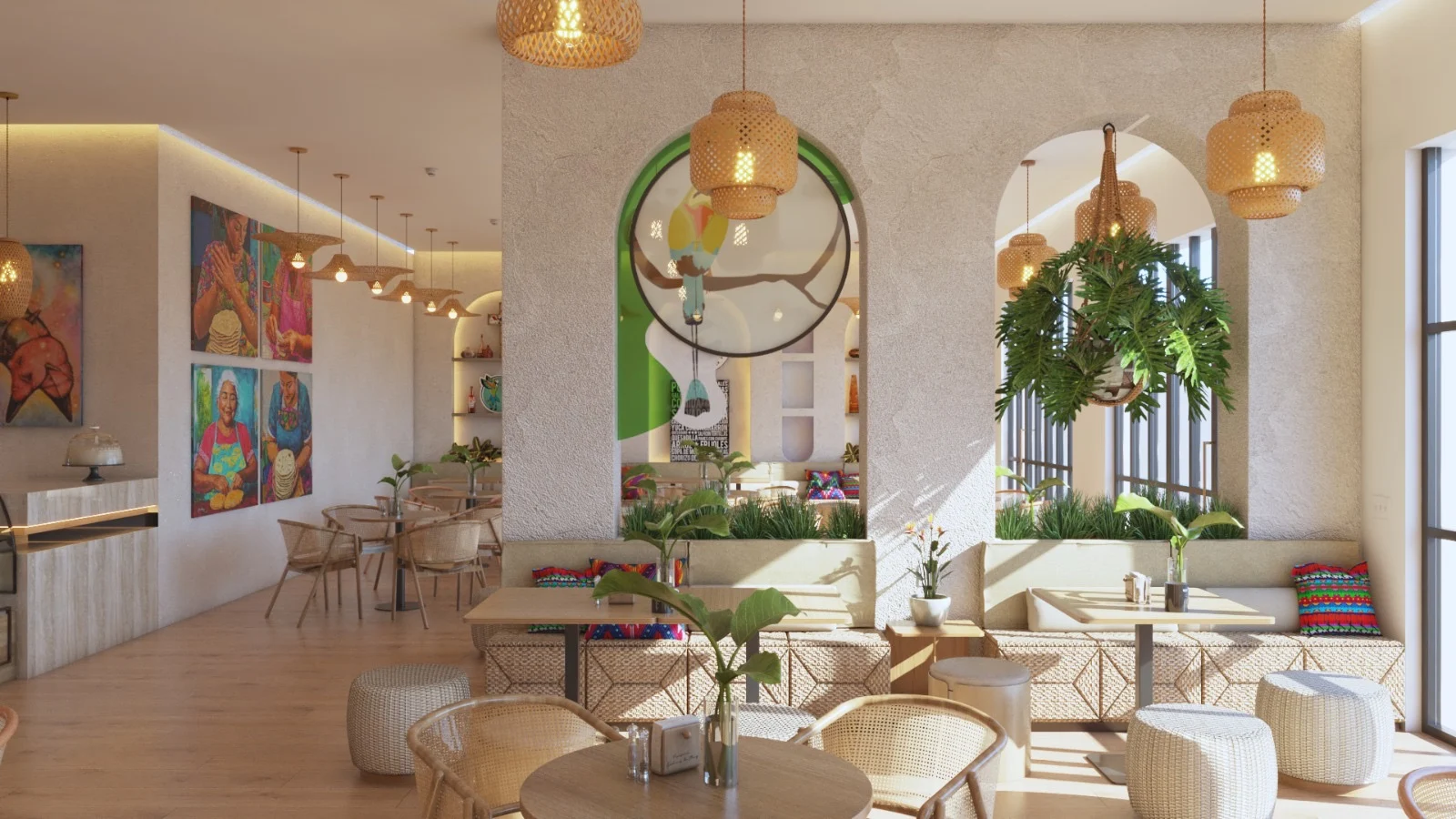 Pupusería Delicias de Maíz — Banquette area under arches beside a wall of four colorful paintings of women shaping rounds of dough