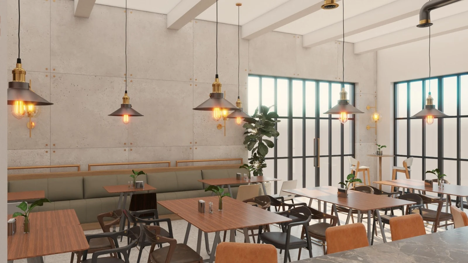 Restaurants — Dining room with wood tables, an olive-green banquette against a concrete-look wall and black-framed windows