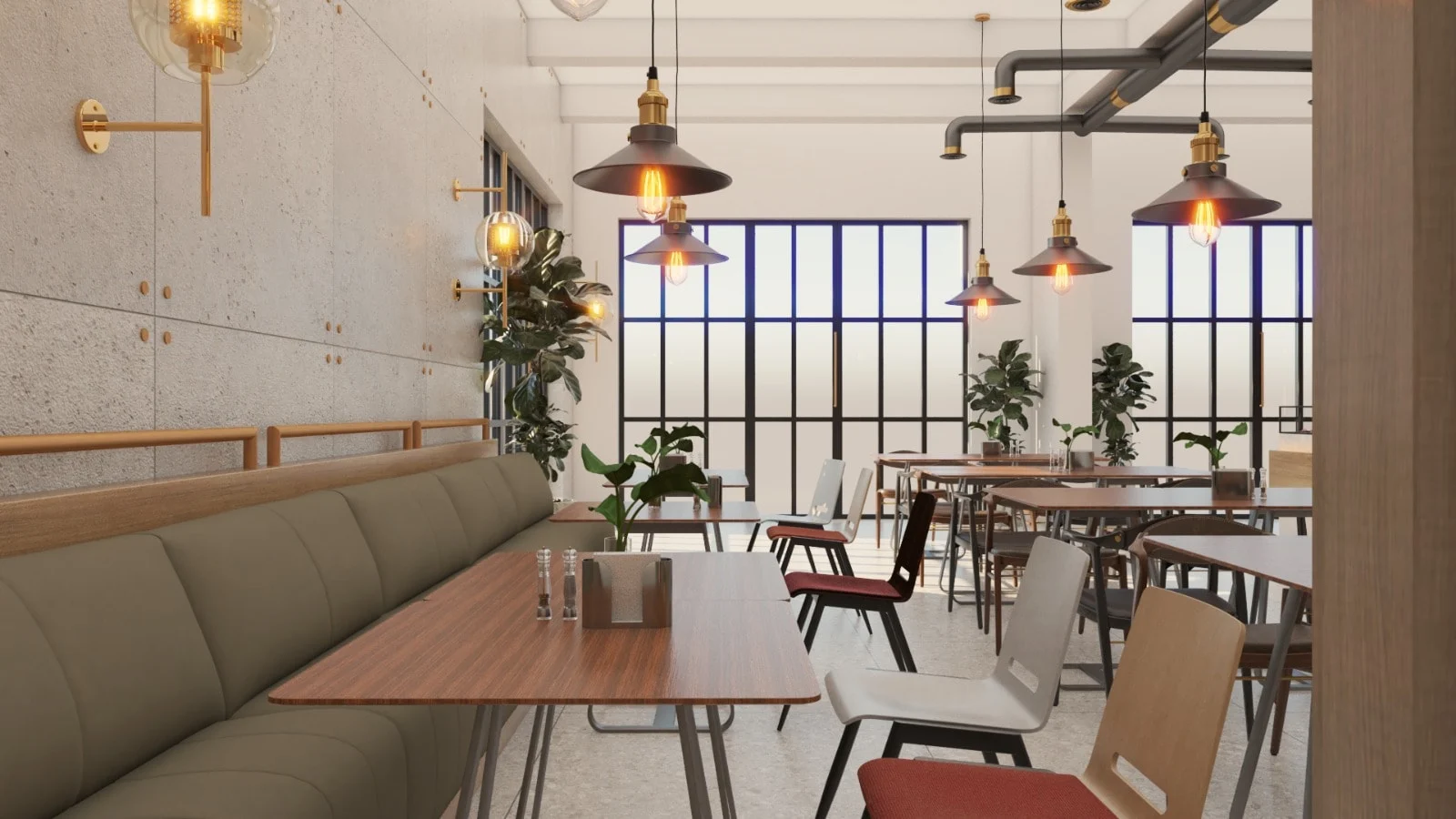 Restaurant & Bar — View along the olive-green banquette, with wood tables, brass globe sconces and mixed chairs