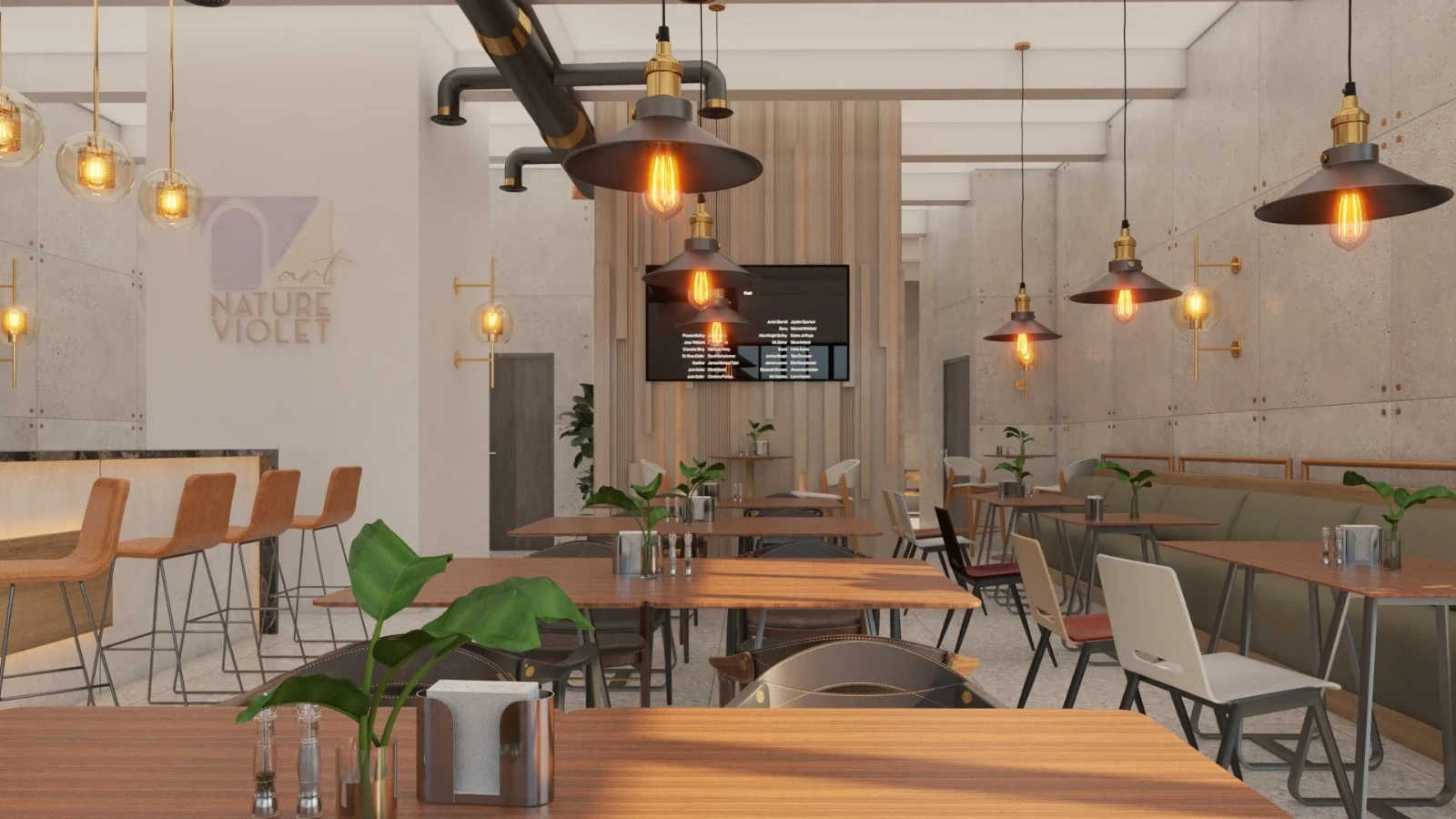 Restaurant & Bar — Center aisle of the dining room with metal-shade pendants, black ceiling ducts and a TV on a wood-slat wall