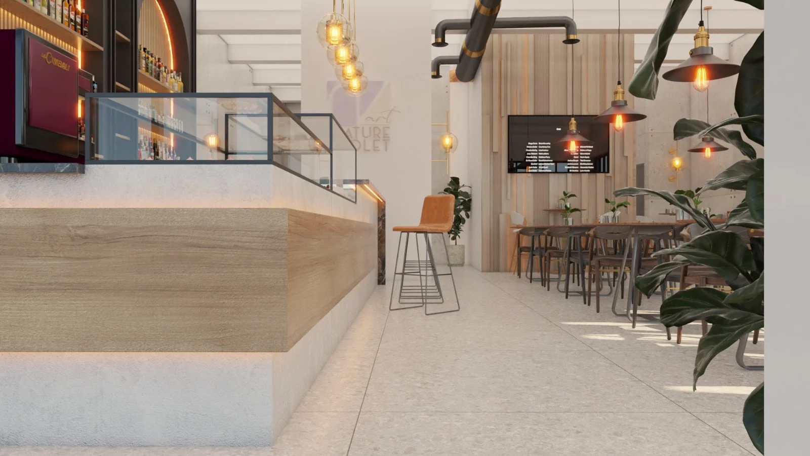 Restaurant & Bar — View along the bar front in wood and white stone-look finish, with a glass display case and a single tan stool