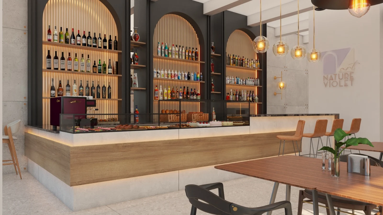 Restaurant & Bar — Back bar with three arched niches of backlit bottle shelves behind a pastry display counter