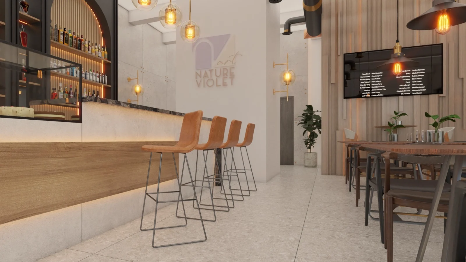 Restaurant & Bar — Bar with four tan wire-leg stools along its lit wood front, across from the dining tables