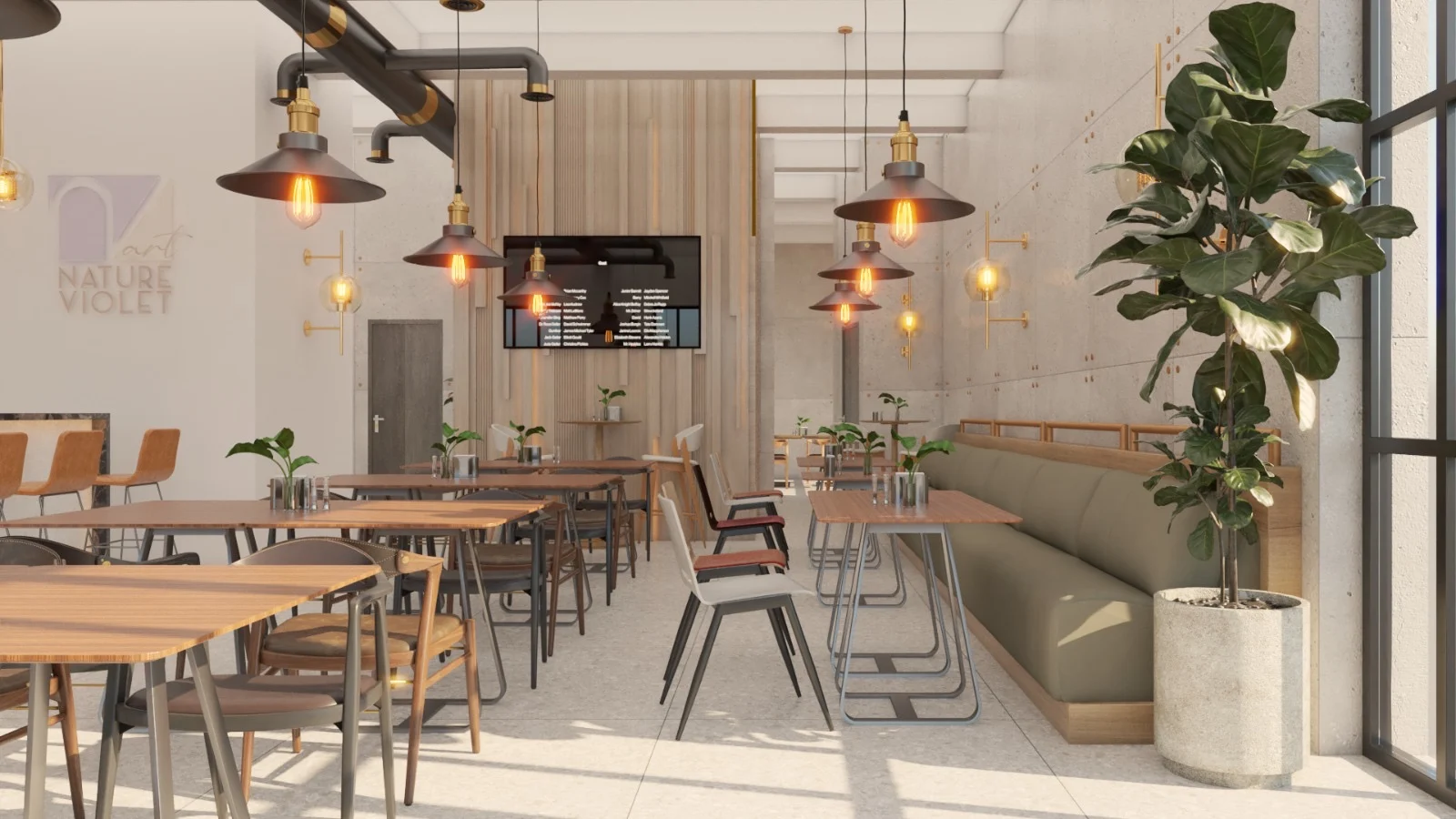 Restaurant & Bar — Dining aisle between wood tables and an olive-green banquette, with a large potted plant by the window