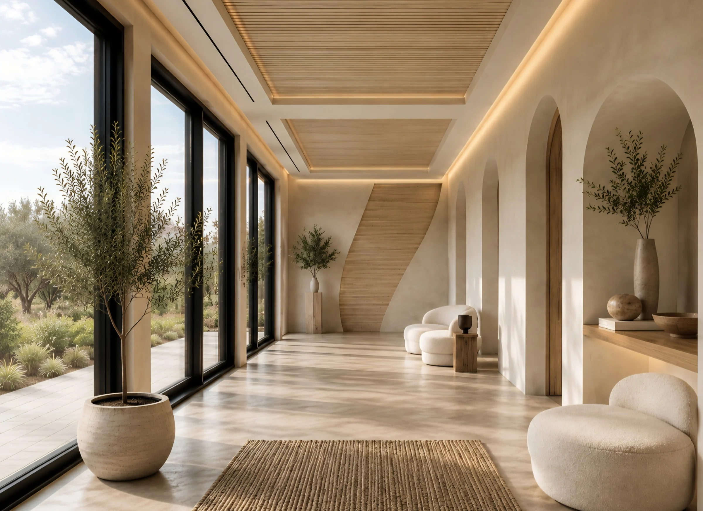 Savia Spa — Gallery with floor-to-ceiling black-framed windows, potted trees, arched niches and bouclé seats under a slatted wood ceiling