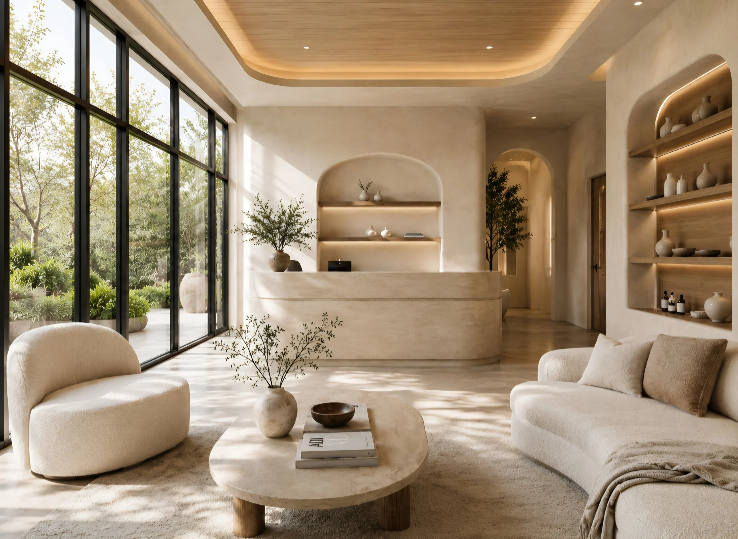 Savia Spa — Reception with a curved stone-look desk, lit arched niches with vases and a white armchair by tall windows