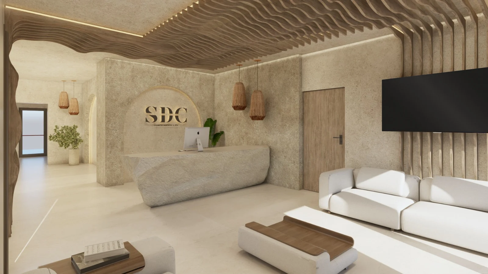 SDC — Smile Dental Center — Reception with a faceted stone-look desk under a wavy wood-slat ceiling and woven pendant lamps