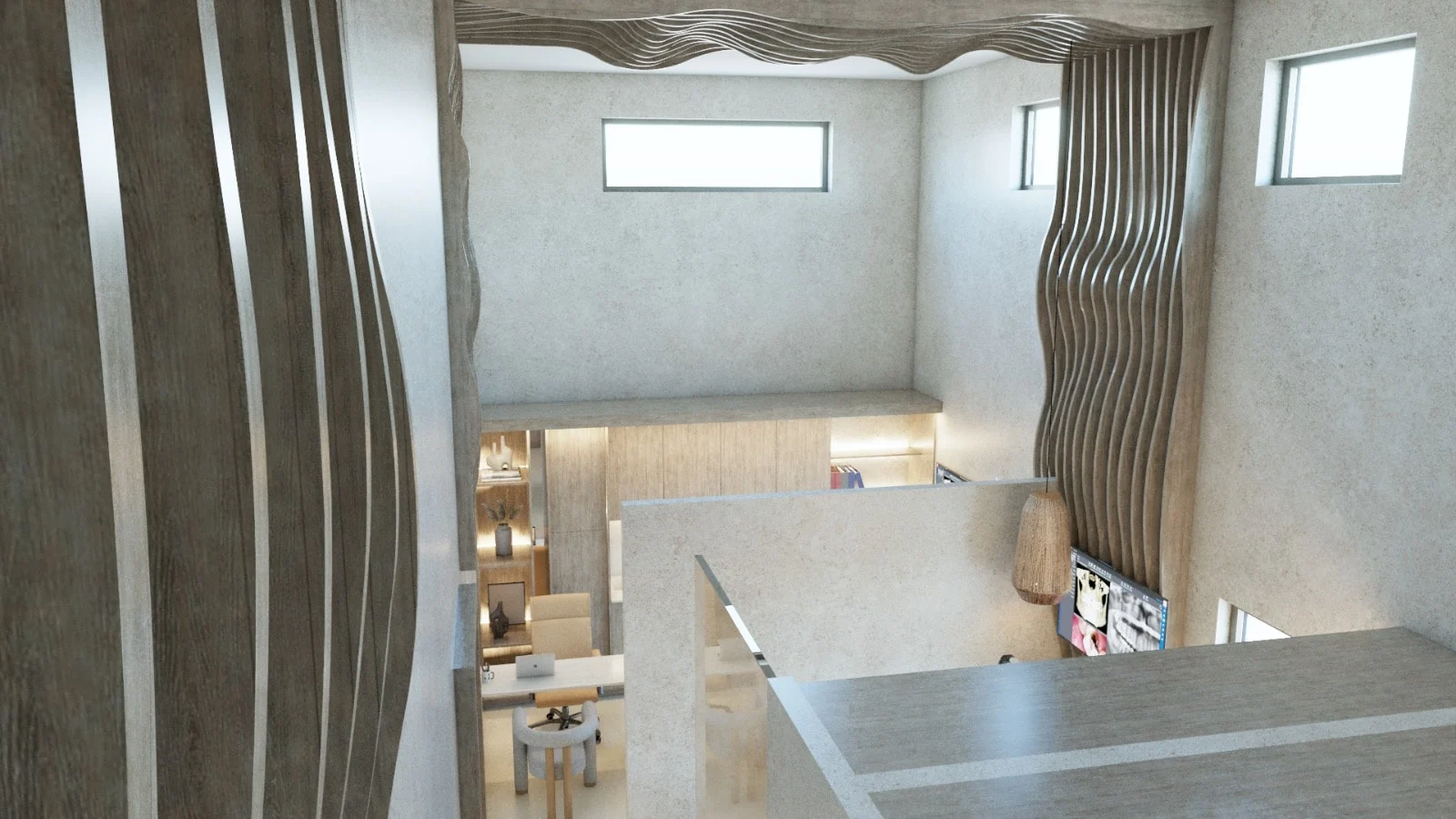 SDC — Smile Dental Center — View down into a double-height space framed by wavy wood slats, with a desk area below