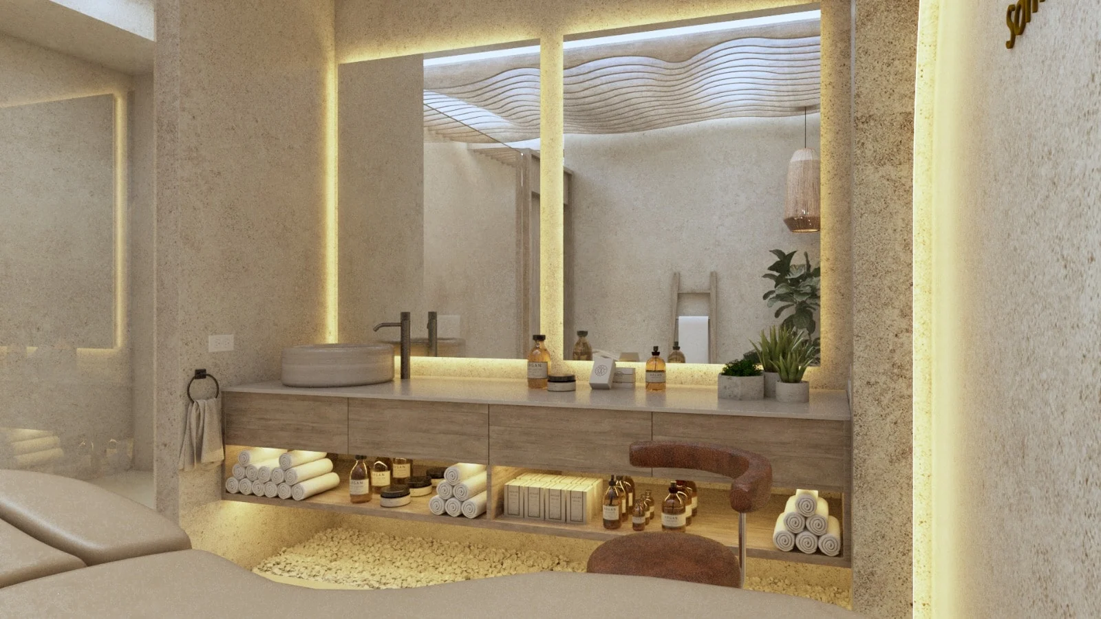 SDC — Smile Dental Center — Treatment room with a stone-look vessel sink, backlit mirrors and rolled towels on open shelves