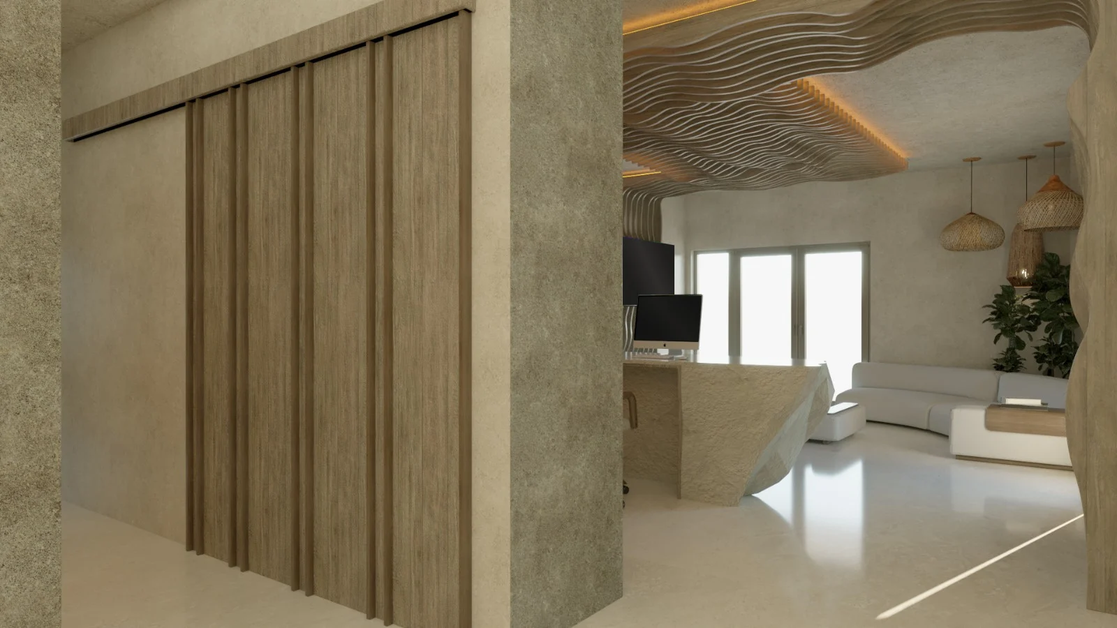 SDC — Smile Dental Center — View from the corridor towards reception, past a timber sliding door and a ceiling of rippling wood slats