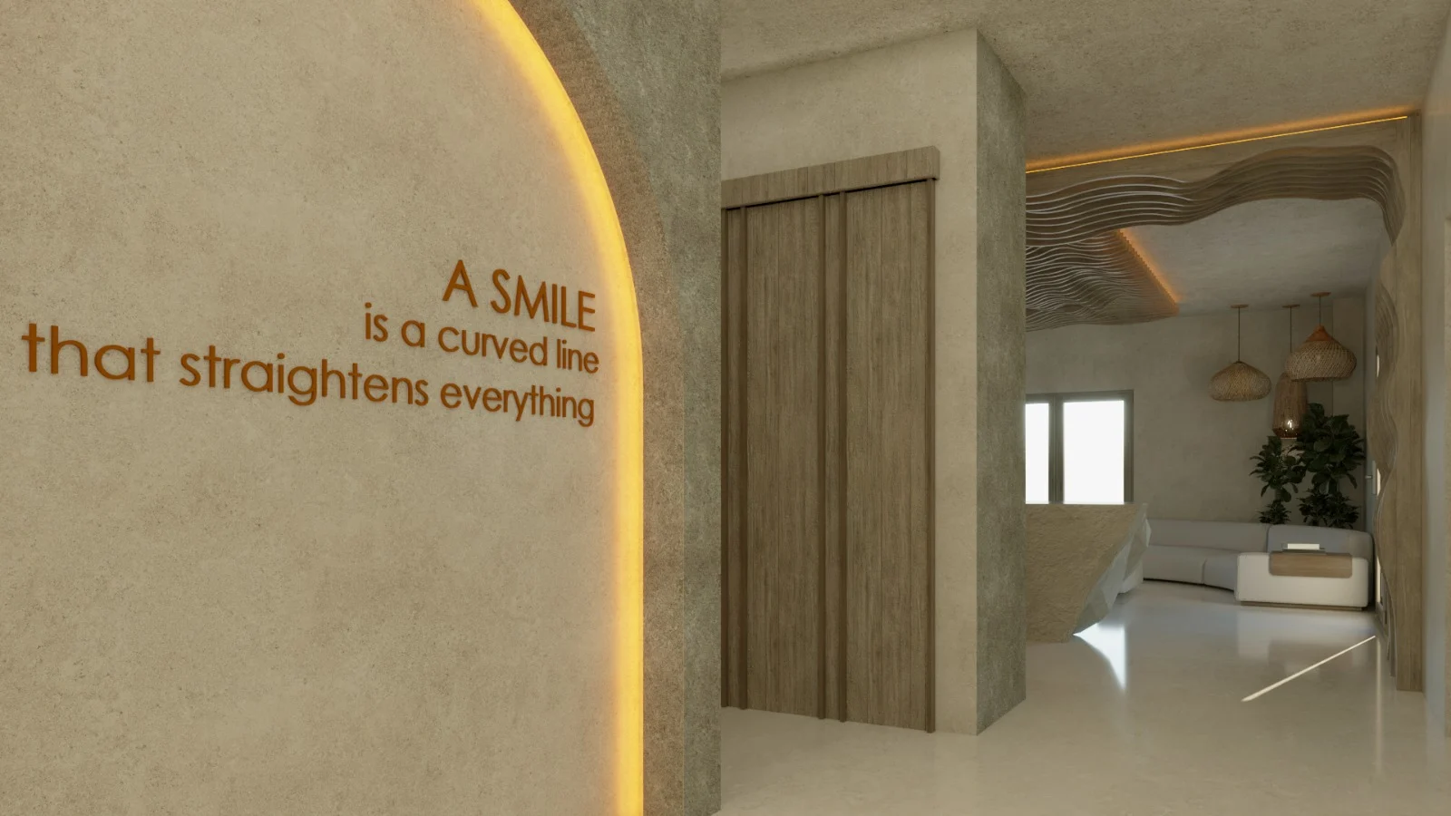 SDC — Smile Dental Center — Close view of the lettering on the backlit arch, with the reception beyond a rippling timber portal