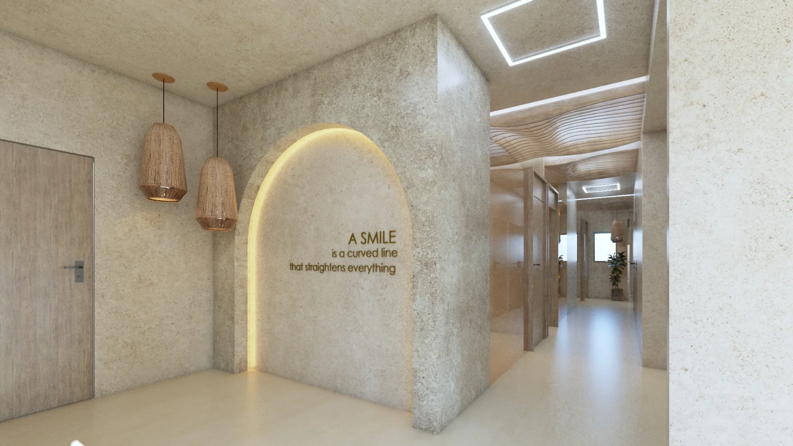 SDC — Smile Dental Center — Stone-look arch with two woven pendant lamps at the start of a long corridor of glass doors