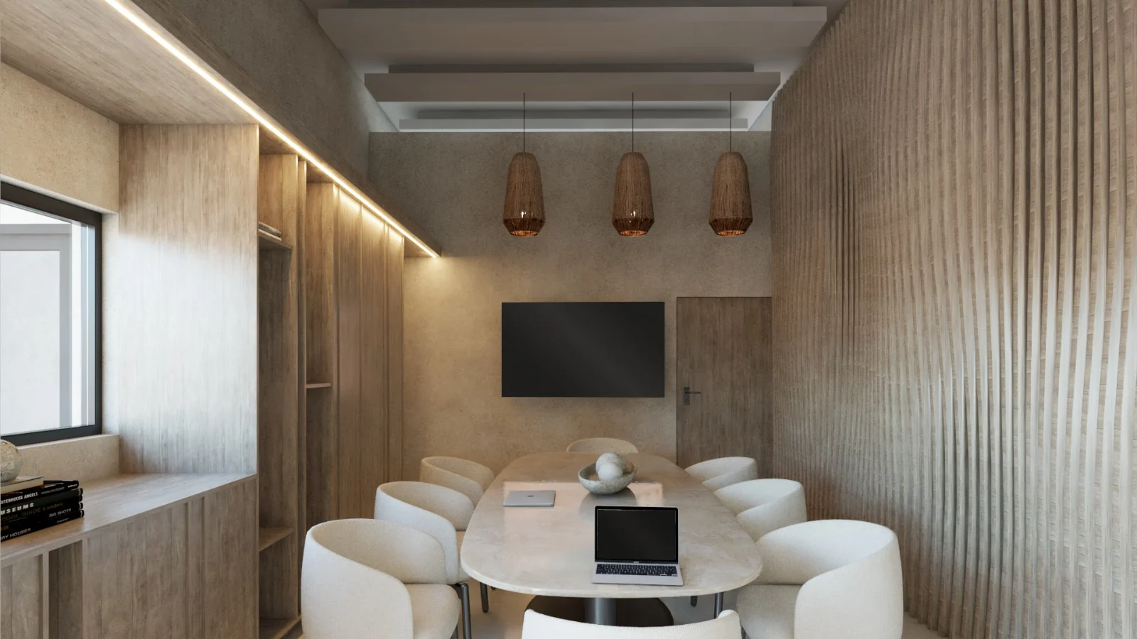 SDC — Smile Dental Center — Meeting room seen head-on, with white armchairs around an oval table, three woven pendants and a fluted wall